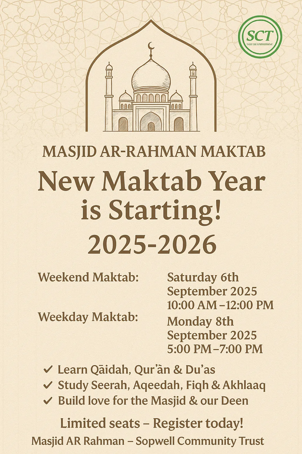 Masjid Ar-Rahman Maktab announcement for the 2025–2026 academic year